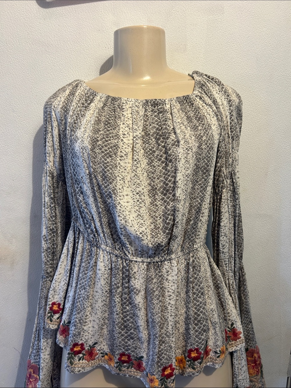 Savanna Jane Gray Snake-Print Long Sleeve Peplum Dress with Floral Embroidery
